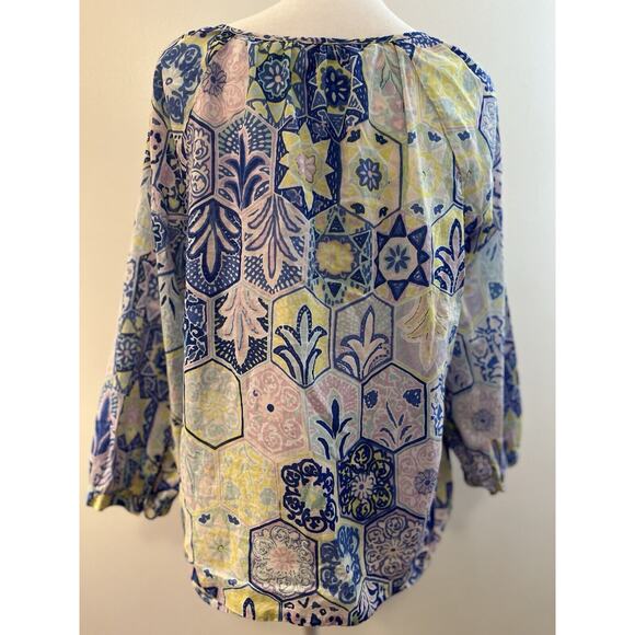 Talbots Coastal Colorful Peasant Blouse Blue Floral Patchwork 3/4 Sleeve SZ LP - Picture 4 of 6